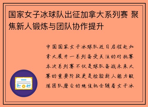 国家女子冰球队出征加拿大系列赛 聚焦新人锻炼与团队协作提升 国家女子冰球队出征加拿大系列赛 聚焦新人锻炼与团队协作提升