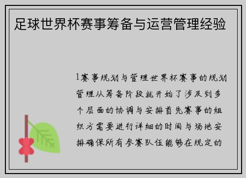 足球世界杯赛事筹备与运营管理经验